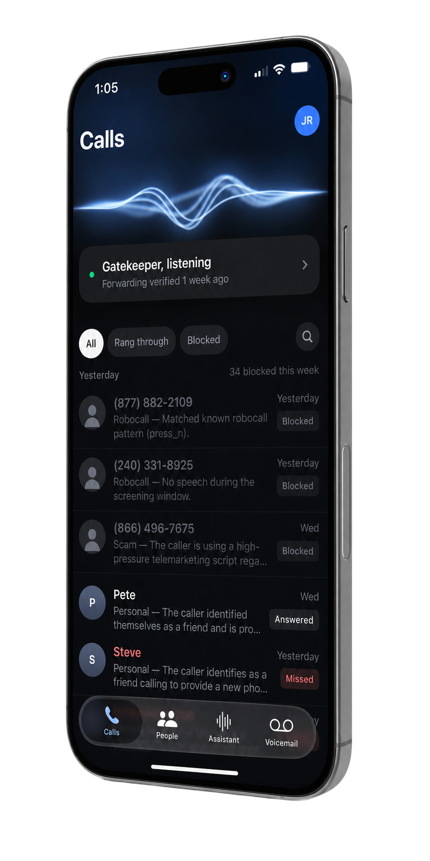 Phone Screen on iPhone: a call log where robocalls and scams were blocked before they rang