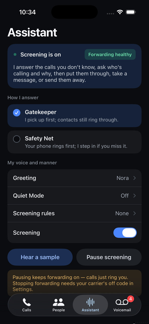 The Assistant tab with status, mode, and voice settings
