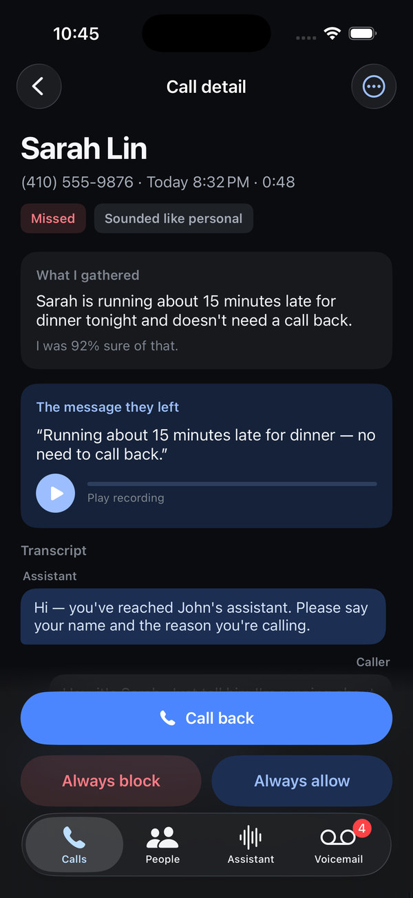 A call detail screen with the assistant’s reasoning and the transcript