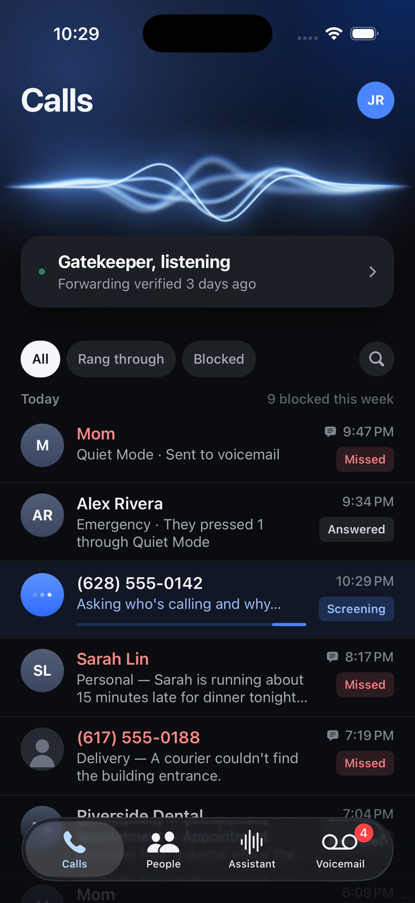 The Calls tab with screened, blocked, and answered calls