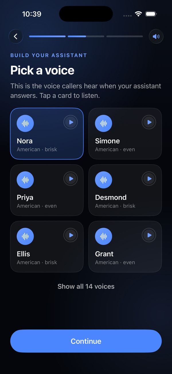 The voice picker, with six voices to audition