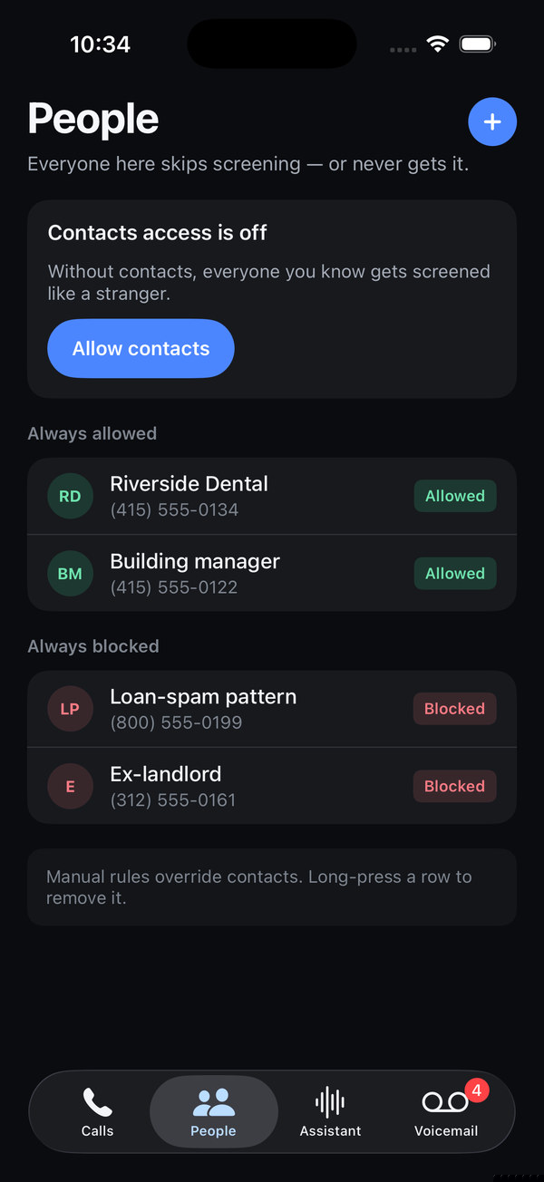 The People tab with contacts and allow and block rules