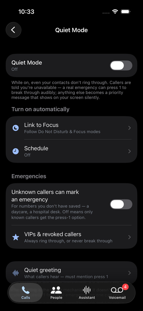 The Quiet Mode settings screen