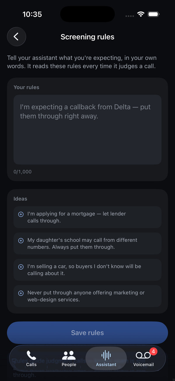The Screening rules screen with example rules