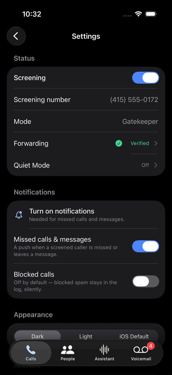 The Settings screen