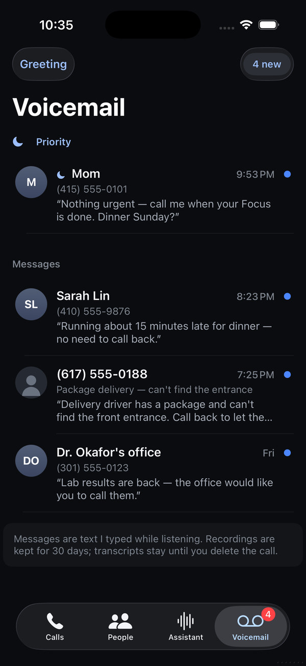 The Voicemail tab with transcribed messages